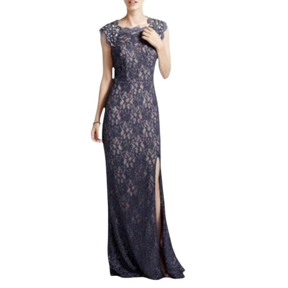 Formal Lace Blue Lace Maxi Dress Gown 11 Shimmer Slit Wedding Prom Event Classic